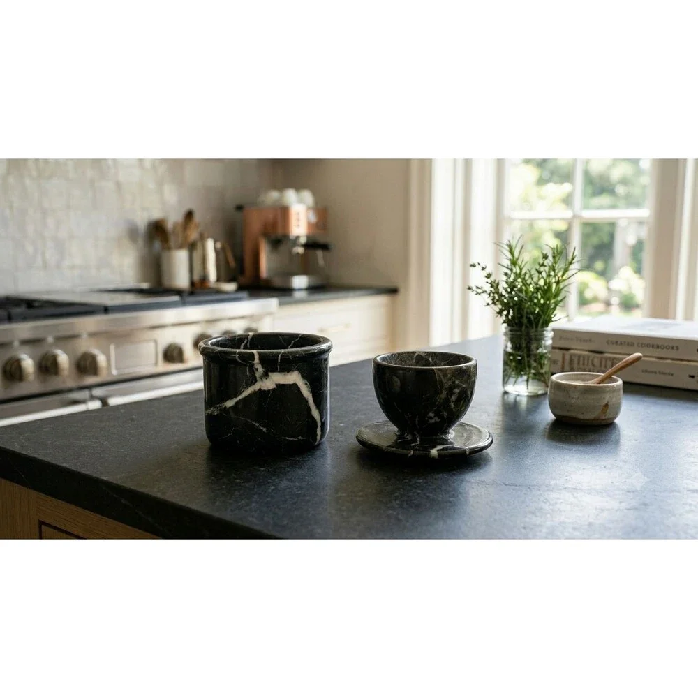 Marble Butter Dish with Lid Handmade Black French Kitchen Butter Crock Keeper